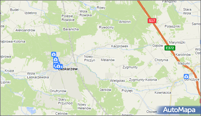 mapa Melanów gmina Łaskarzew, Melanów gmina Łaskarzew na mapie Targeo