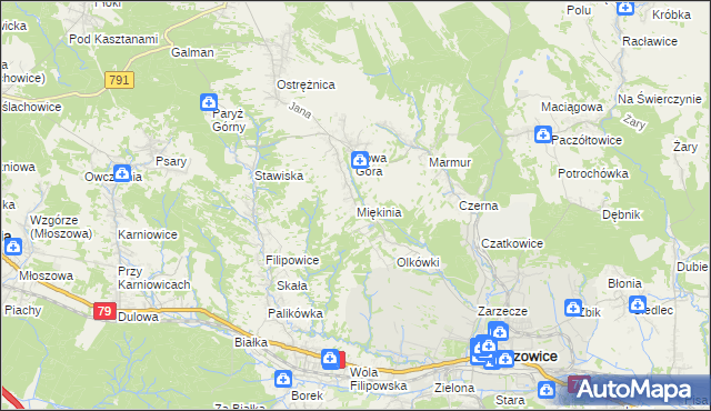 mapa Miękinia gmina Krzeszowice, Miękinia gmina Krzeszowice na mapie Targeo