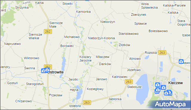 mapa Miłaczew gmina Kleczew, Miłaczew gmina Kleczew na mapie Targeo