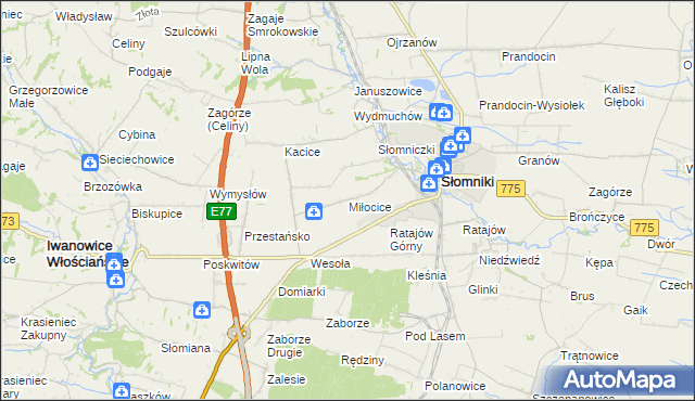 mapa Miłocice gmina Słomniki, Miłocice gmina Słomniki na mapie Targeo