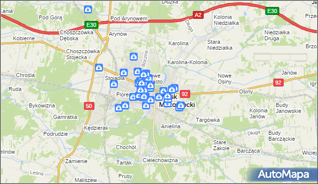 mapa Mińsk Mazowiecki, Mińsk Mazowiecki na mapie Targeo