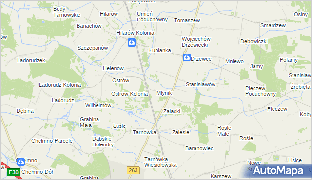 mapa Młynik gmina Olszówka, Młynik gmina Olszówka na mapie Targeo