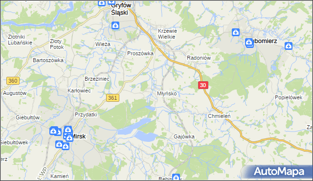 mapa Młyńsko gmina Gryfów Śląski, Młyńsko gmina Gryfów Śląski na mapie Targeo