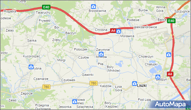 mapa Mników gmina Liszki, Mników gmina Liszki na mapie Targeo