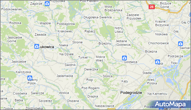 mapa Mokra Wieś gmina Podegrodzie, Mokra Wieś gmina Podegrodzie na mapie Targeo