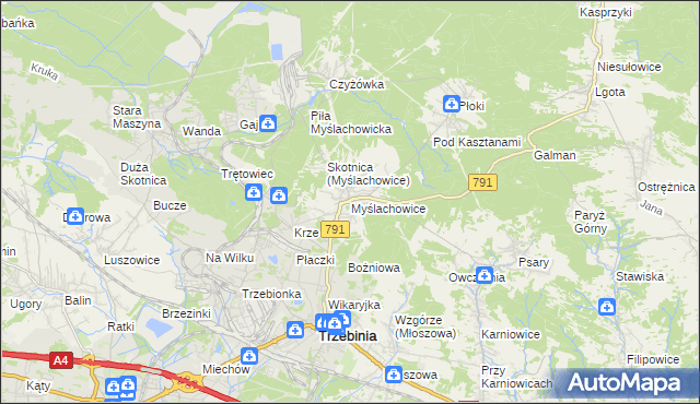 mapa Myślachowice, Myślachowice na mapie Targeo