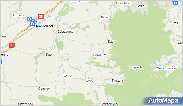 mapa Mysłaków gmina Marcinowice, Mysłaków gmina Marcinowice na mapie Targeo