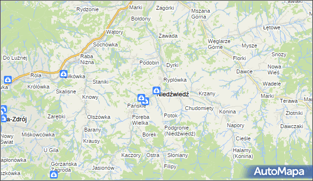 mapa Niedźwiedź powiat limanowski, Niedźwiedź powiat limanowski na mapie Targeo