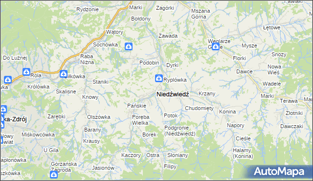 mapa Niedźwiedź powiat limanowski, Niedźwiedź powiat limanowski na mapie Targeo