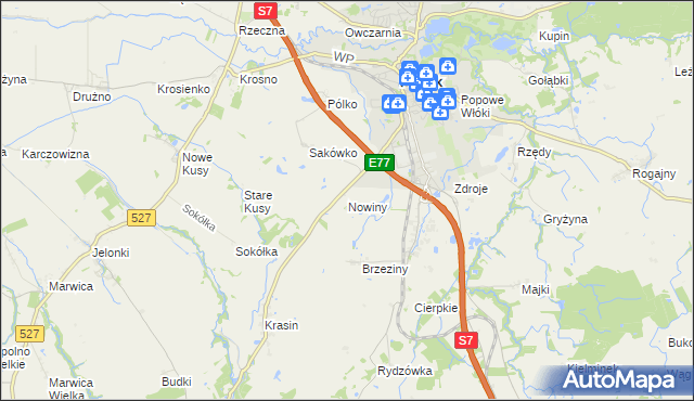 mapa Nowiny gmina Pasłęk, Nowiny gmina Pasłęk na mapie Targeo