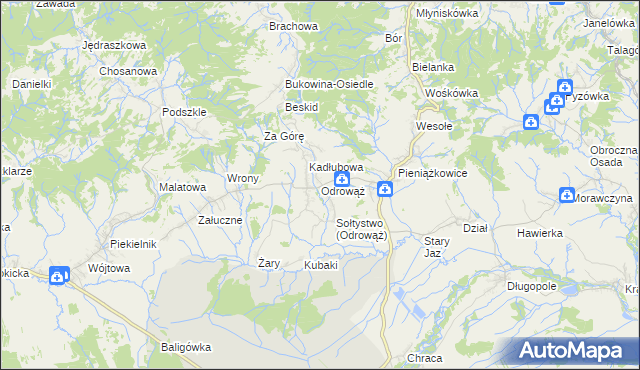 mapa Odrowąż gmina Czarny Dunajec, Odrowąż gmina Czarny Dunajec na mapie Targeo