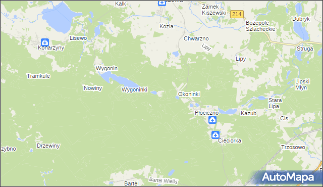 mapa Okoniny gmina Kaliska, Okoniny gmina Kaliska na mapie Targeo