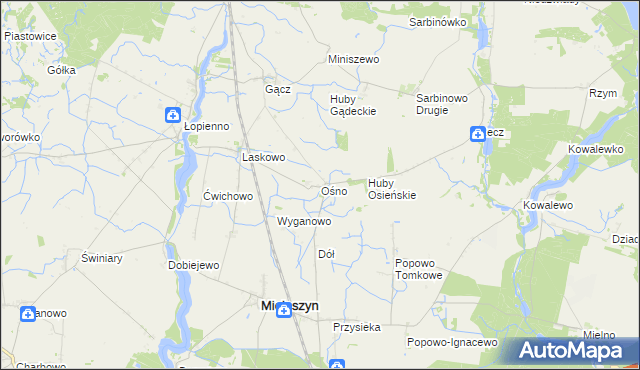 mapa Ośno gmina Janowiec Wielkopolski, Ośno gmina Janowiec Wielkopolski na mapie Targeo