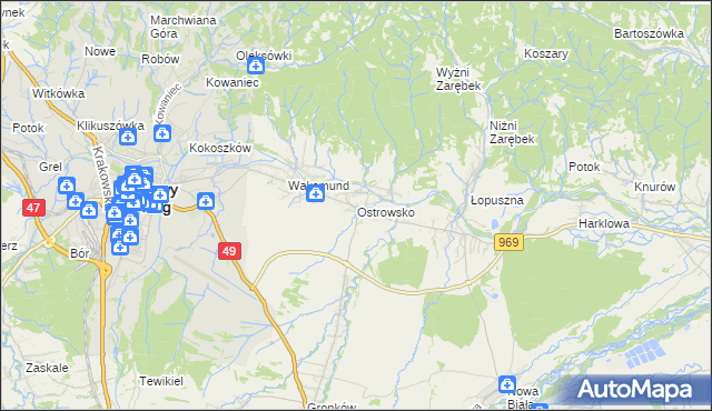 mapa Ostrowsko gmina Nowy Targ, Ostrowsko gmina Nowy Targ na mapie Targeo