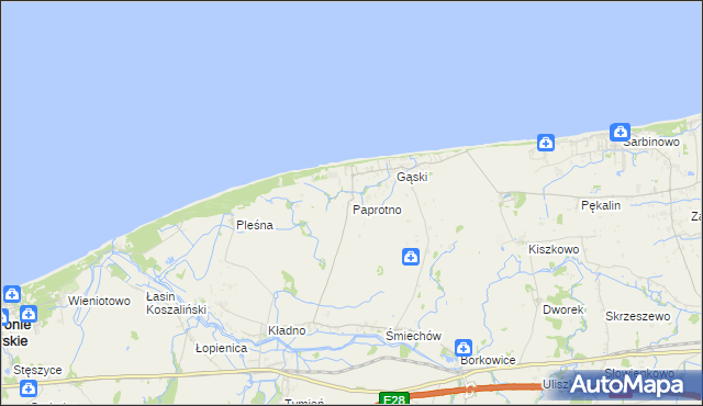 mapa Paprotno gmina Mielno, Paprotno gmina Mielno na mapie Targeo