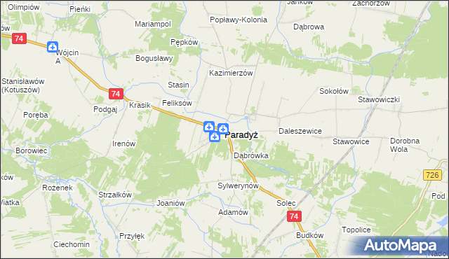 mapa Paradyż powiat opoczyński, Paradyż powiat opoczyński na mapie Targeo