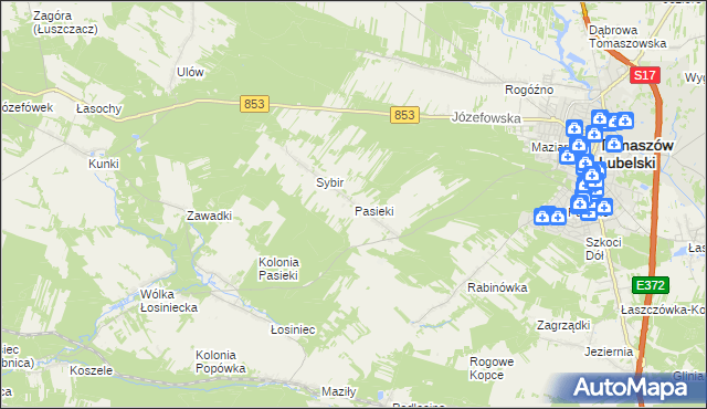 mapa Pasieki gmina Tomaszów Lubelski, Pasieki gmina Tomaszów Lubelski na mapie Targeo