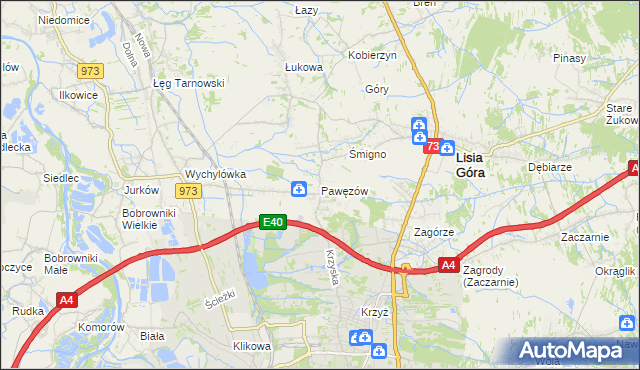 mapa Pawęzów gmina Lisia Góra, Pawęzów gmina Lisia Góra na mapie Targeo
