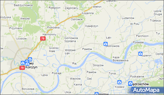 mapa Pawłów gmina Nowy Korczyn, Pawłów gmina Nowy Korczyn na mapie Targeo