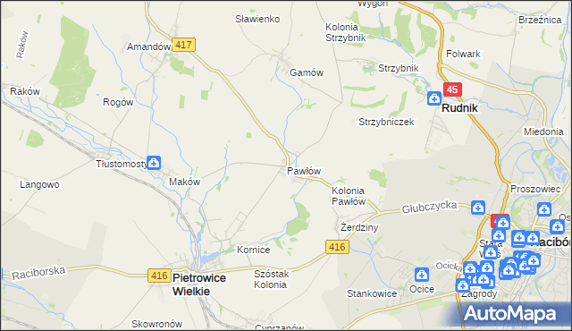 mapa Pawłów gmina Pietrowice Wielkie, Pawłów gmina Pietrowice Wielkie na mapie Targeo