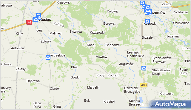 mapa Pawłów gmina Rusiec, Pawłów gmina Rusiec na mapie Targeo