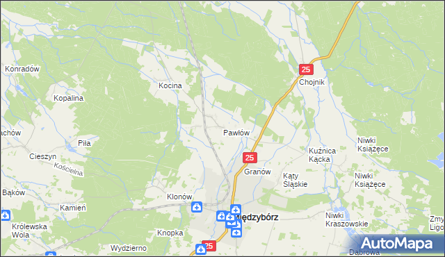 mapa Pawłów gmina Sośnie, Pawłów gmina Sośnie na mapie Targeo