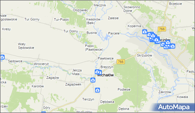 mapa Pawłowice gmina Michałów, Pawłowice gmina Michałów na mapie Targeo