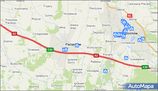 mapa Piaskowice gmina Parzęczew, Piaskowice gmina Parzęczew na mapie Targeo