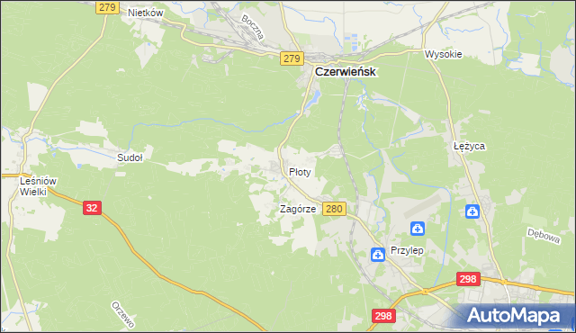 mapa Płoty gmina Czerwieńsk, Płoty gmina Czerwieńsk na mapie Targeo