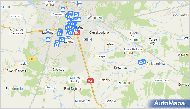 mapa Podgaj gmina Łuków, Podgaj gmina Łuków na mapie Targeo