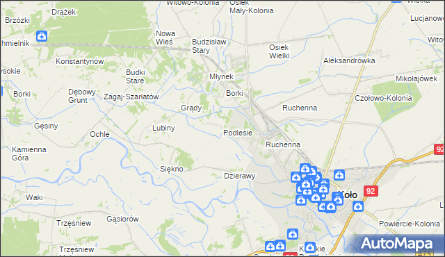 mapa Podlesie gmina Koło, Podlesie gmina Koło na mapie Targeo