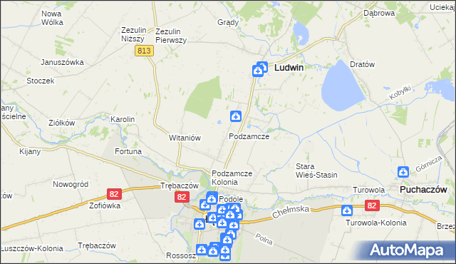 mapa Podzamcze gmina Łęczna, Podzamcze gmina Łęczna na mapie Targeo