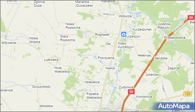 mapa Pokrzywna gmina Rawa Mazowiecka, Pokrzywna gmina Rawa Mazowiecka na mapie Targeo