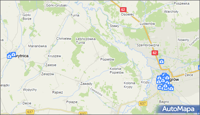 mapa Popielów gmina Liw, Popielów gmina Liw na mapie Targeo