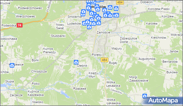 mapa Poręby gmina Bełchatów, Poręby gmina Bełchatów na mapie Targeo