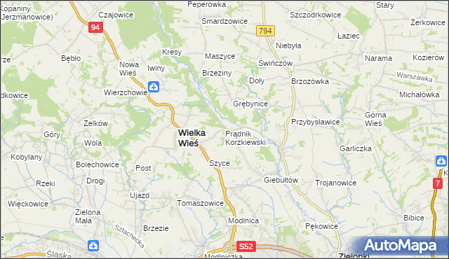 mapa Prądnik Korzkiewski, Prądnik Korzkiewski na mapie Targeo