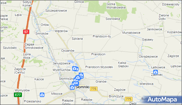 mapa Prandocin gmina Słomniki, Prandocin gmina Słomniki na mapie Targeo
