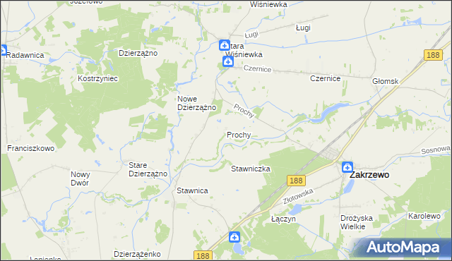 mapa Prochy gmina Zakrzewo, Prochy gmina Zakrzewo na mapie Targeo