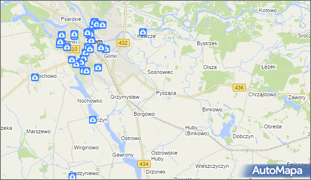 mapa Pysząca gmina Śrem, Pysząca gmina Śrem na mapie Targeo