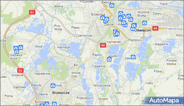 mapa Rajsko gmina Oświęcim, Rajsko gmina Oświęcim na mapie Targeo