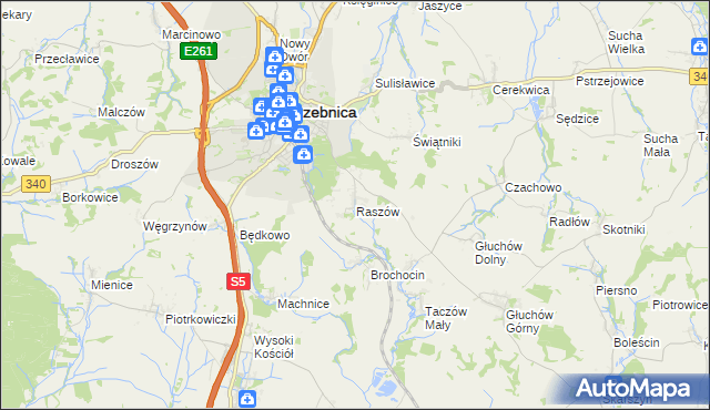 mapa Raszów gmina Trzebnica, Raszów gmina Trzebnica na mapie Targeo