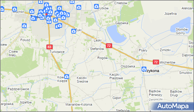 mapa Rogów gmina Przykona, Rogów gmina Przykona na mapie Targeo