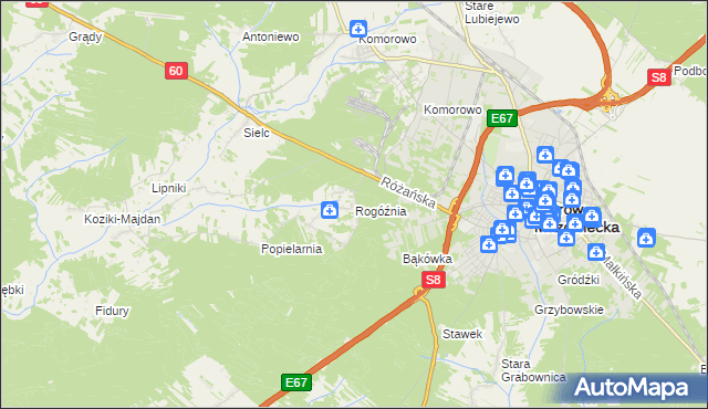 mapa Rogóźnia gmina Ostrów Mazowiecka, Rogóźnia gmina Ostrów Mazowiecka na mapie Targeo