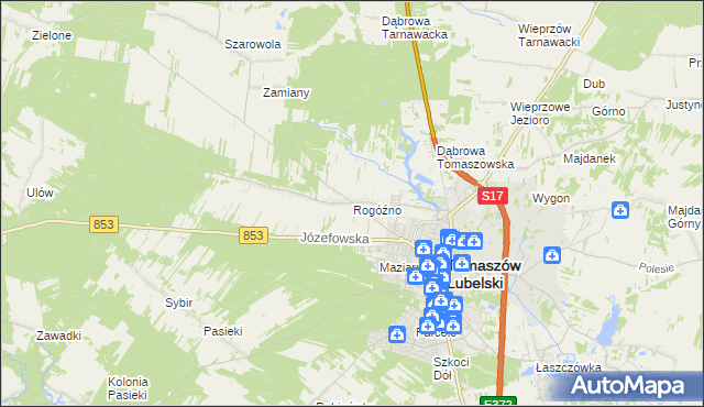 mapa Rogóźno gmina Tomaszów Lubelski, Rogóźno gmina Tomaszów Lubelski na mapie Targeo