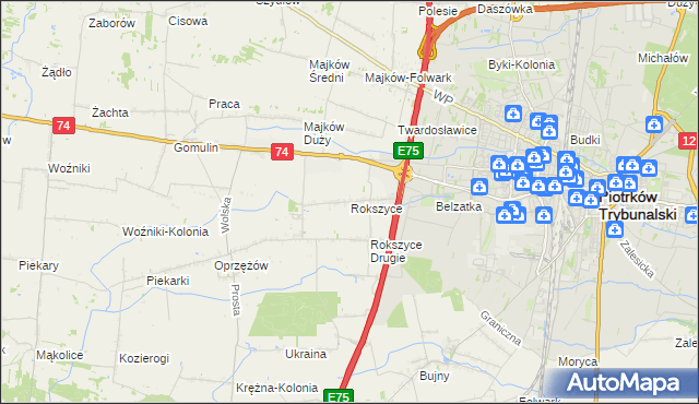 mapa Rokszyce gmina Wola Krzysztoporska, Rokszyce gmina Wola Krzysztoporska na mapie Targeo