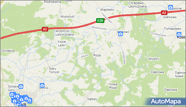 mapa Róża gmina Nowy Tomyśl, Róża gmina Nowy Tomyśl na mapie Targeo