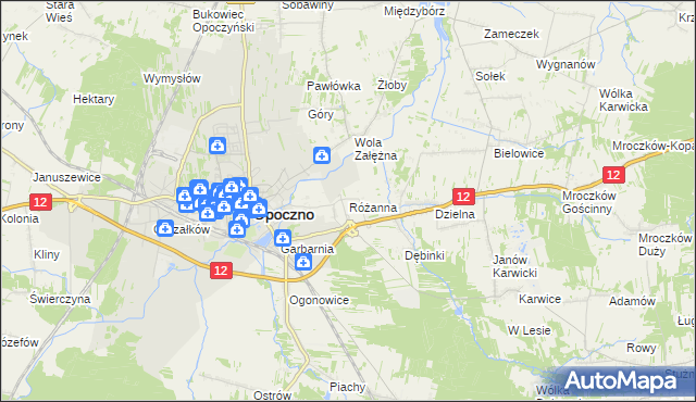 mapa Różanna gmina Opoczno, Różanna gmina Opoczno na mapie Targeo
