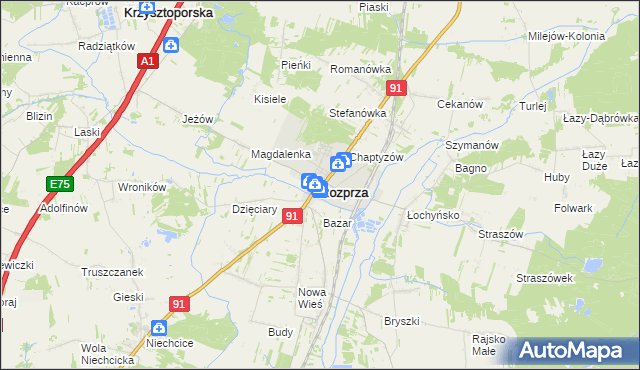 mapa Rozprza powiat piotrkowski, Rozprza powiat piotrkowski na mapie Targeo