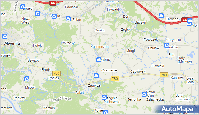 mapa Rybna gmina Czernichów, Rybna gmina Czernichów na mapie Targeo