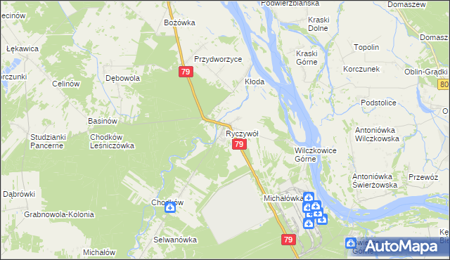 mapa Ryczywół gmina Kozienice, Ryczywół gmina Kozienice na mapie Targeo